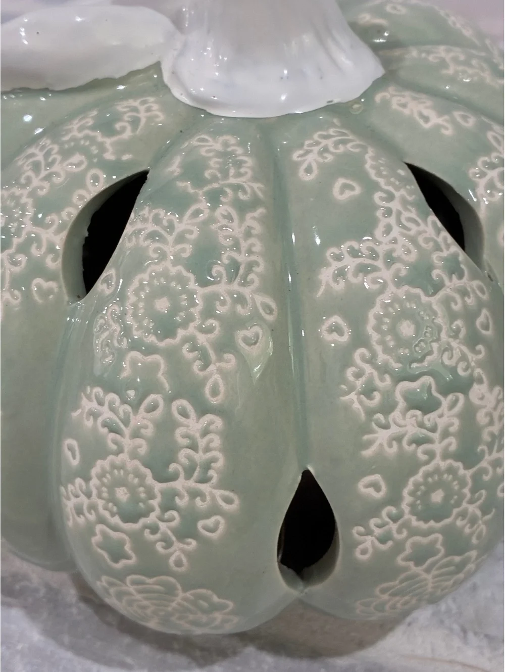 Ceramic Decorative Pumpkin with Leaf Accent in Sage Green